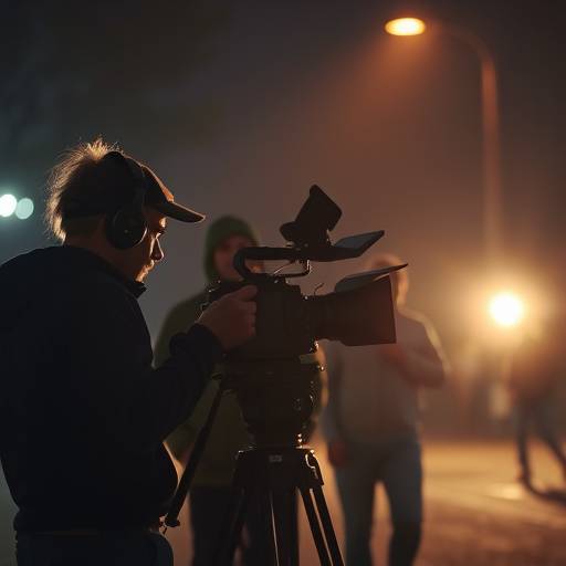 Film crew setting up a camera for a night shoot